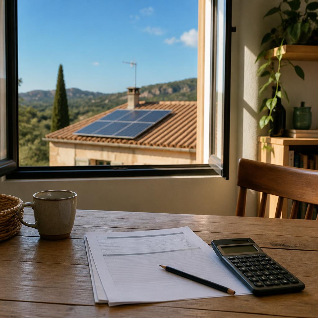 Factura y calculadora sobre una mesa en una vivienda con paneles solares visibles en el tejado