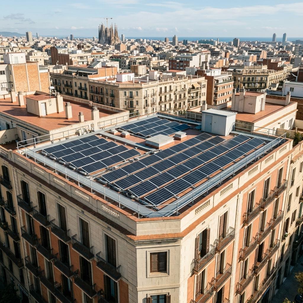 Ilustración de un edificio residencial mediterráneo con paneles solares sobre su cubierta comunitaria