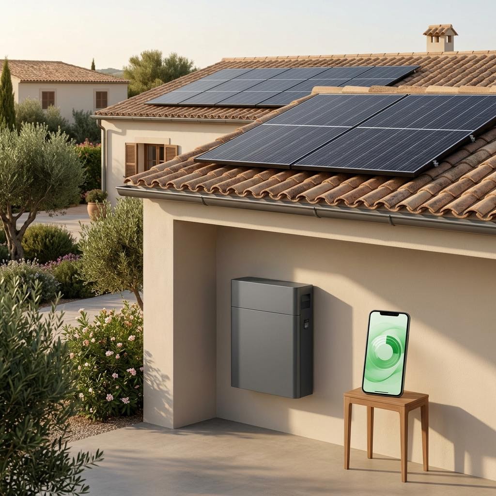Vivienda mediterránea con paneles solares, batería doméstica y un teléfono con una pantalla de monitorización energética