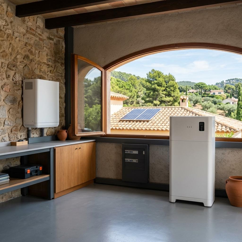 Dos equipos de almacenamiento doméstico cerrados en un garaje luminoso con una vivienda solar visible al fondo
