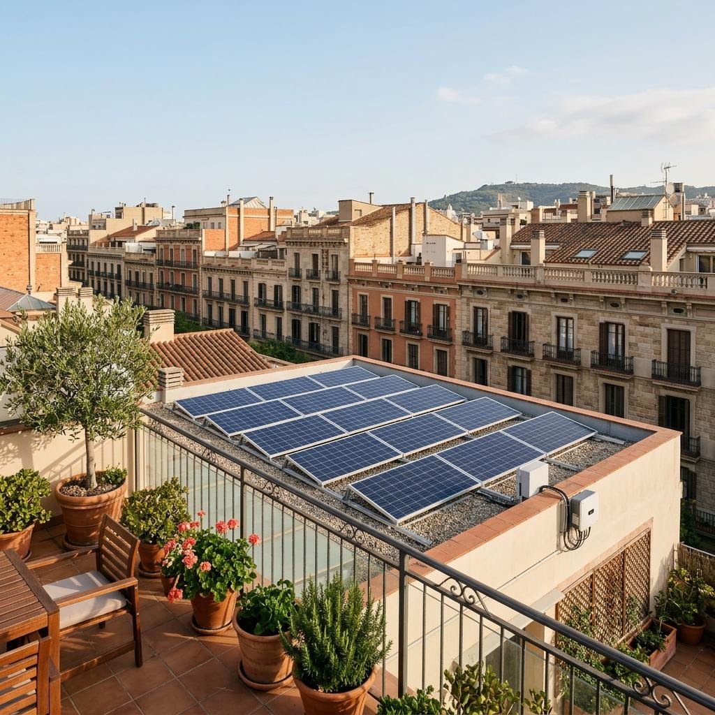 Paneles solares sobre una cubierta urbana con edificios de estilo barcelonés y vegetación mediterránea al fondo
