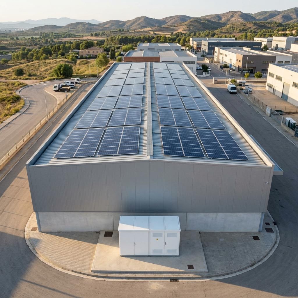 Nave industrial con paneles fotovoltaicos sobre su cubierta y un sistema modular de almacenamiento junto al edificio