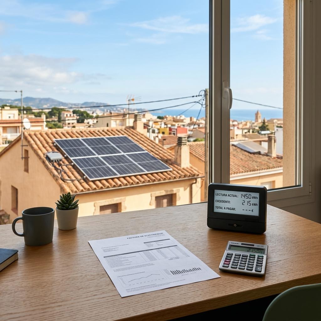 Factura sin datos personales, calculadora y equipo de medición sobre una mesa con vistas a una cubierta mediterránea con paneles solares