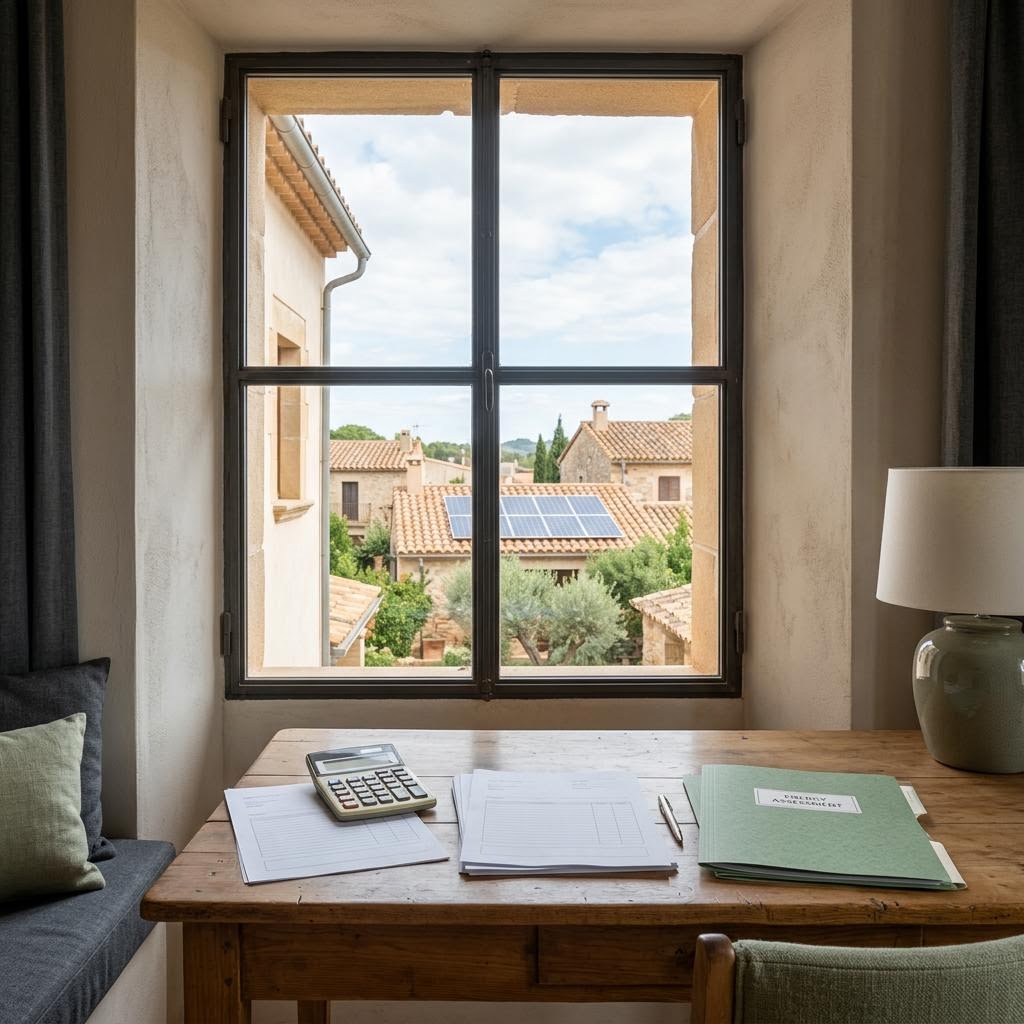 Calculadora y documentación sin datos personales sobre una mesa junto a una ventana con vistas a una cubierta con paneles solares