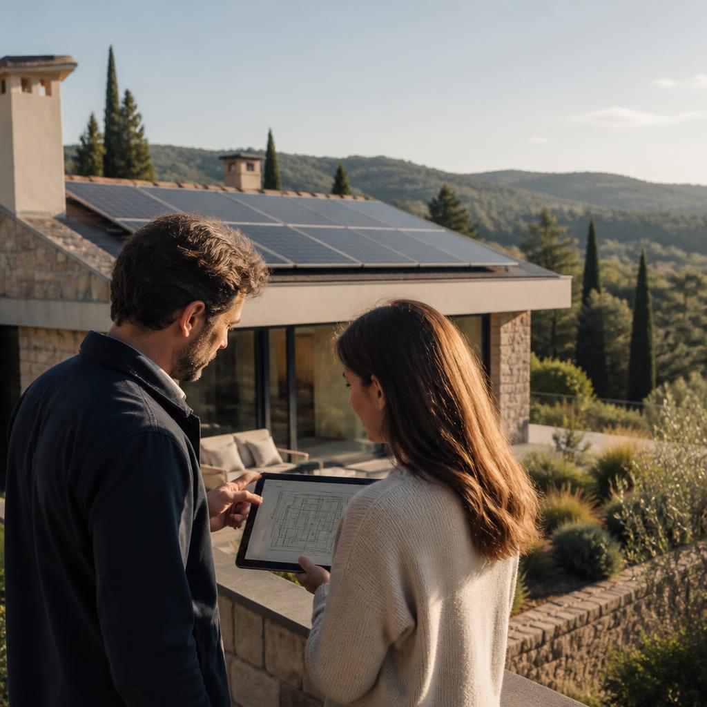 Un profesional y el propietario revisan un proyecto solar junto a una vivienda mediterránea con paneles fotovoltaicos