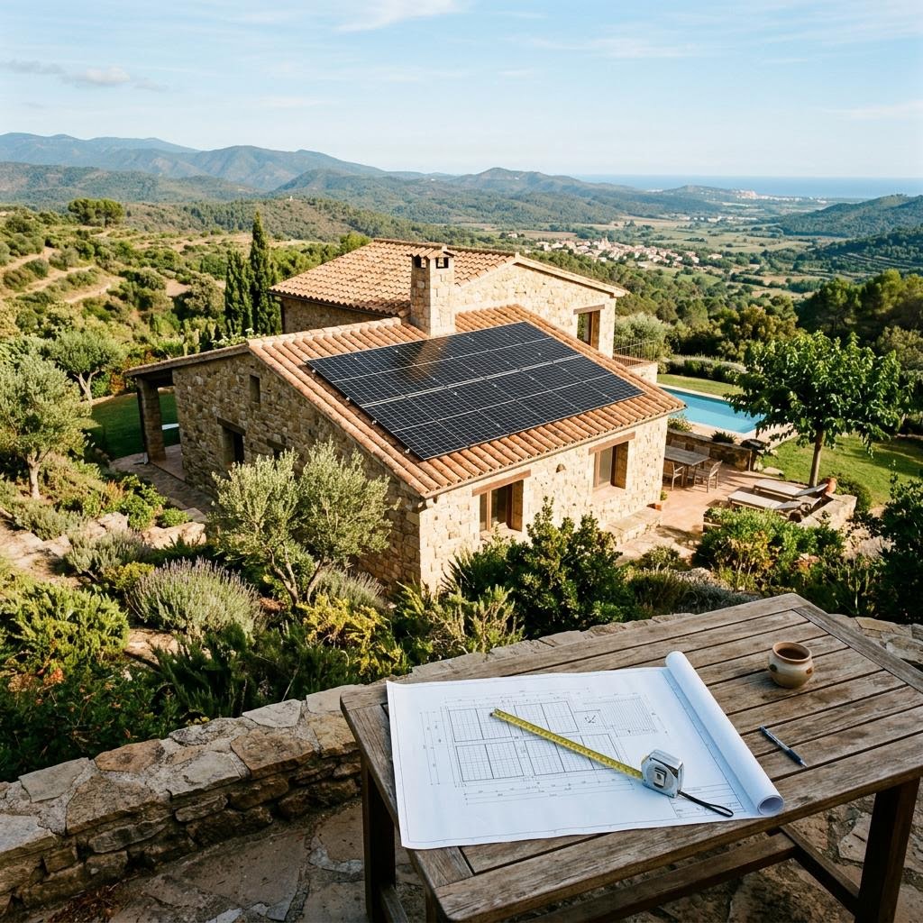 Vivienda mediterránea con paneles solares distribuidos en su tejado y un plano de la cubierta sobre una mesa de trabajo
