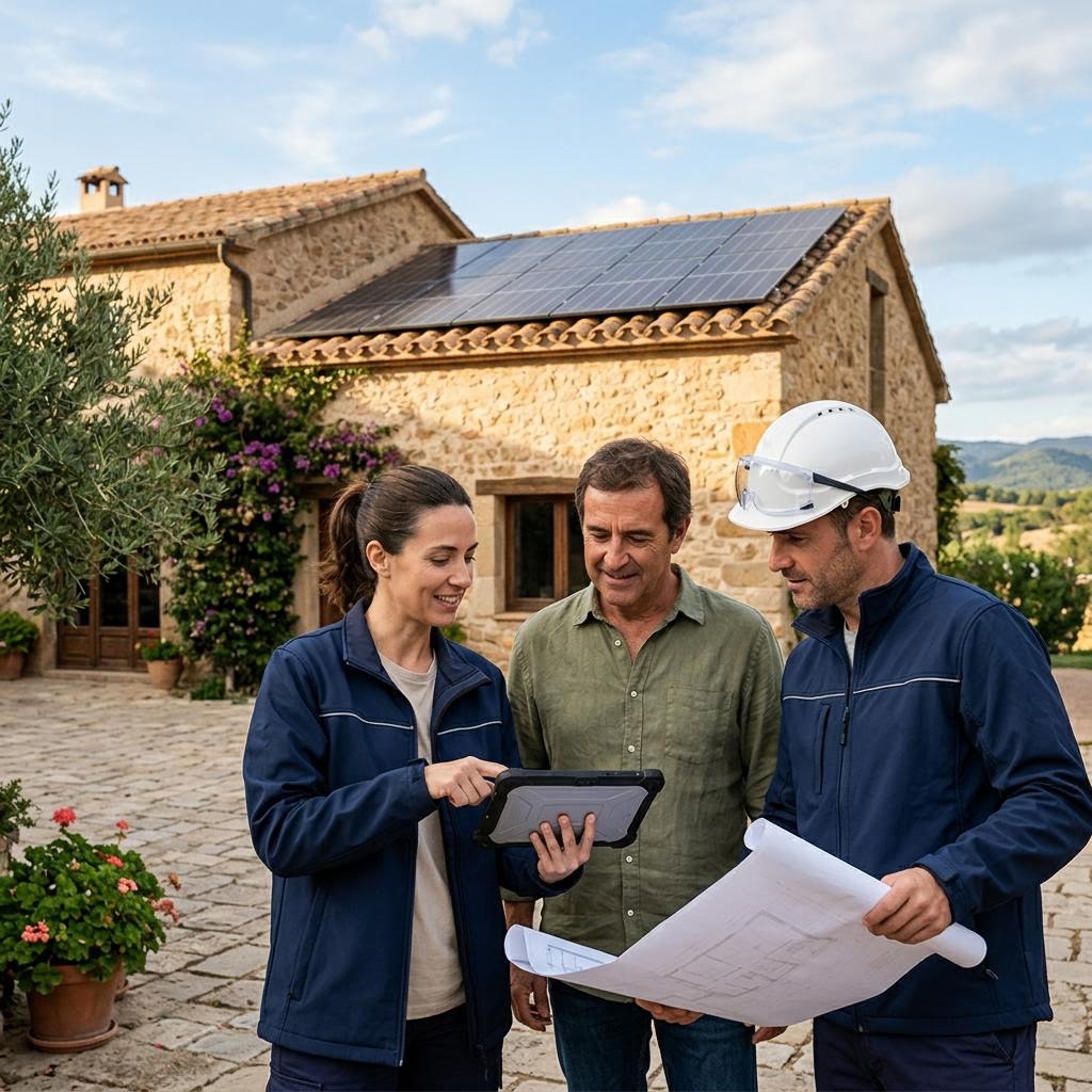 Profesionales y un propietario revisan un proyecto junto a una vivienda mediterránea con paneles solares