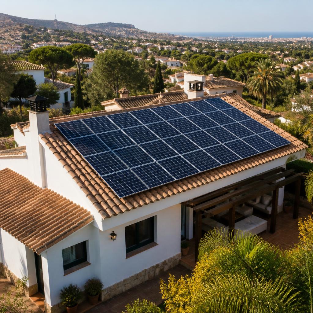 Paneles solares sobre el tejado de una vivienda mediterránea en un entorno residencial de Cataluña