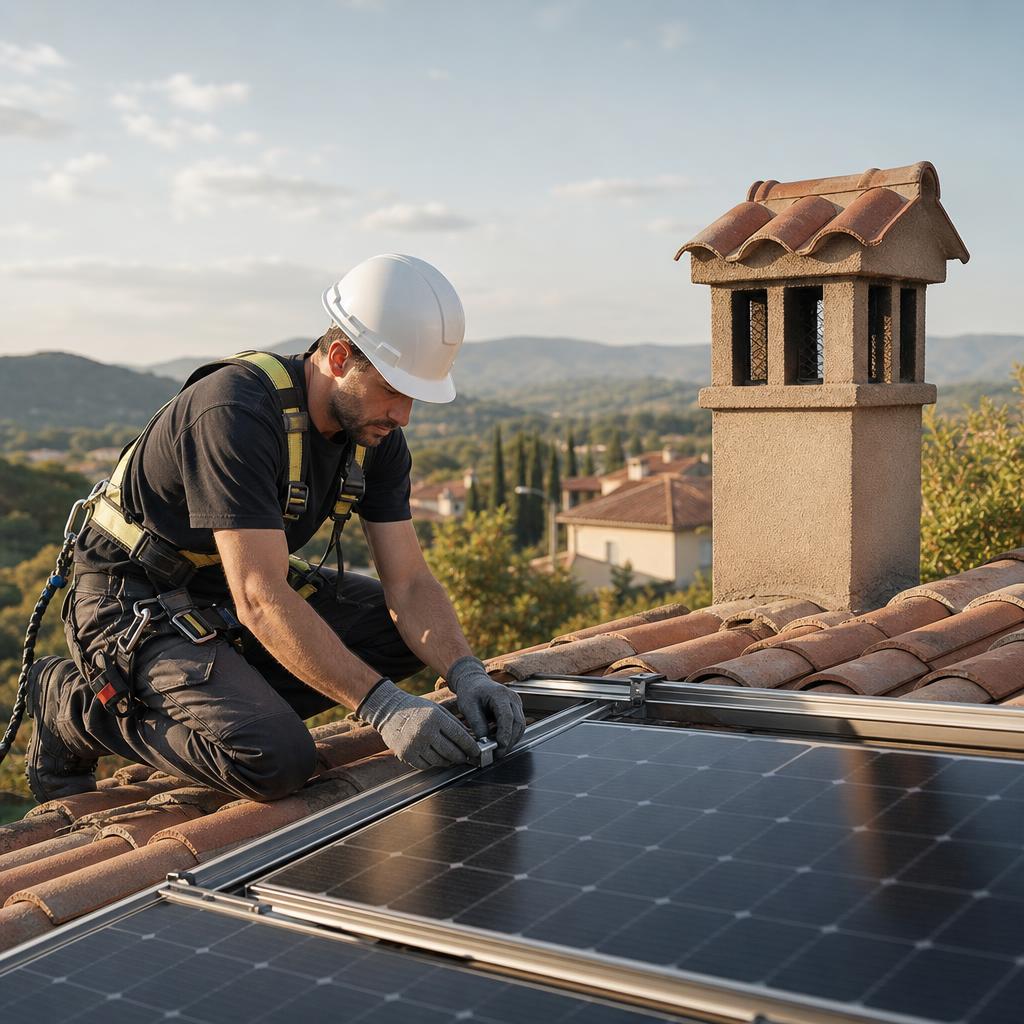 Un técnico con casco y arnés revisa los anclajes de un panel solar sobre un tejado de tejas