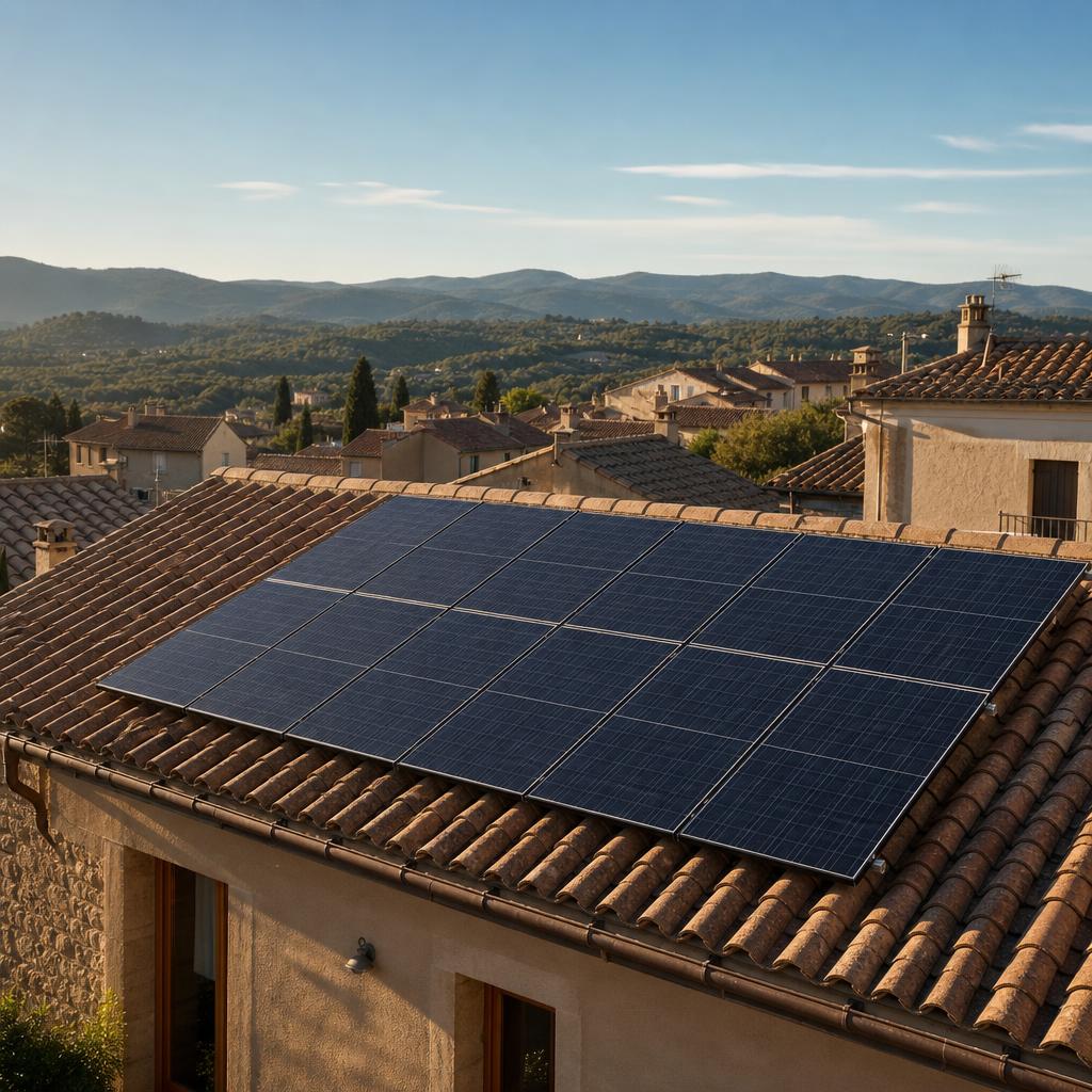 Paneles solares sobre un tejado de tejas con casas y montañas al fondo