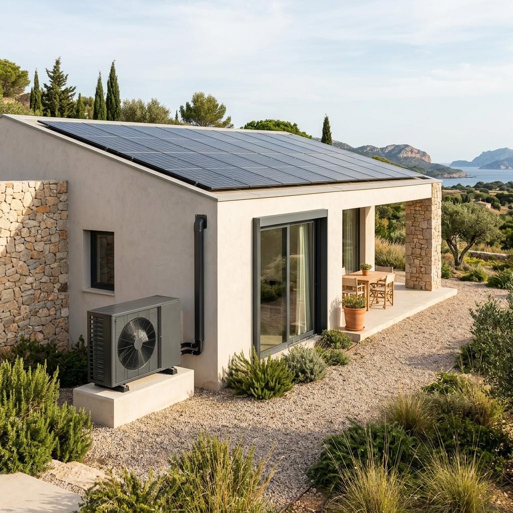 Vivienda mediterránea con paneles solares en la cubierta y unidad exterior de aerotermia junto a la fachada