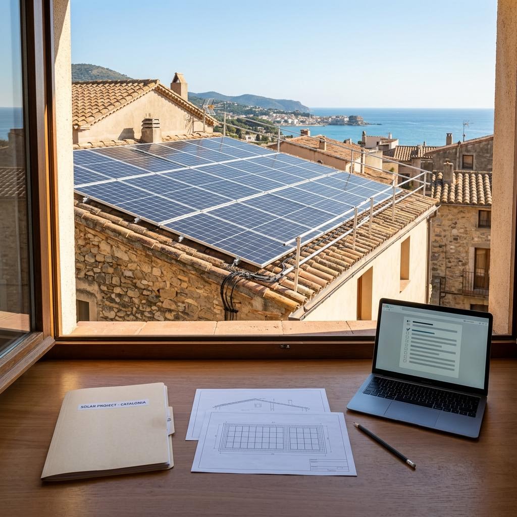 Cubierta mediterránea con paneles solares y documentación técnica sobre una mesa para planificar su legalización