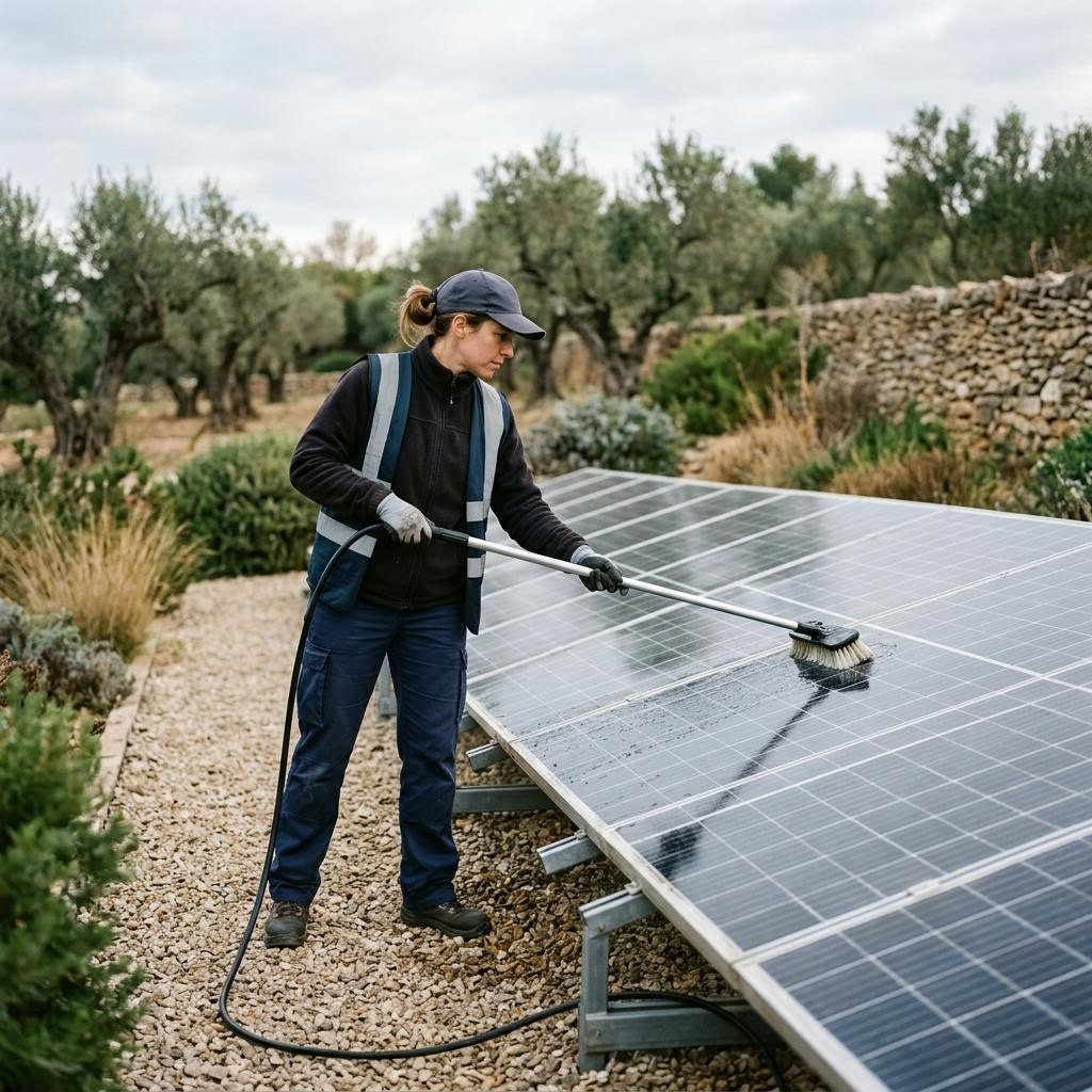 Profesional limpia suavemente paneles solares de una instalación a nivel del suelo en un entorno mediterráneo