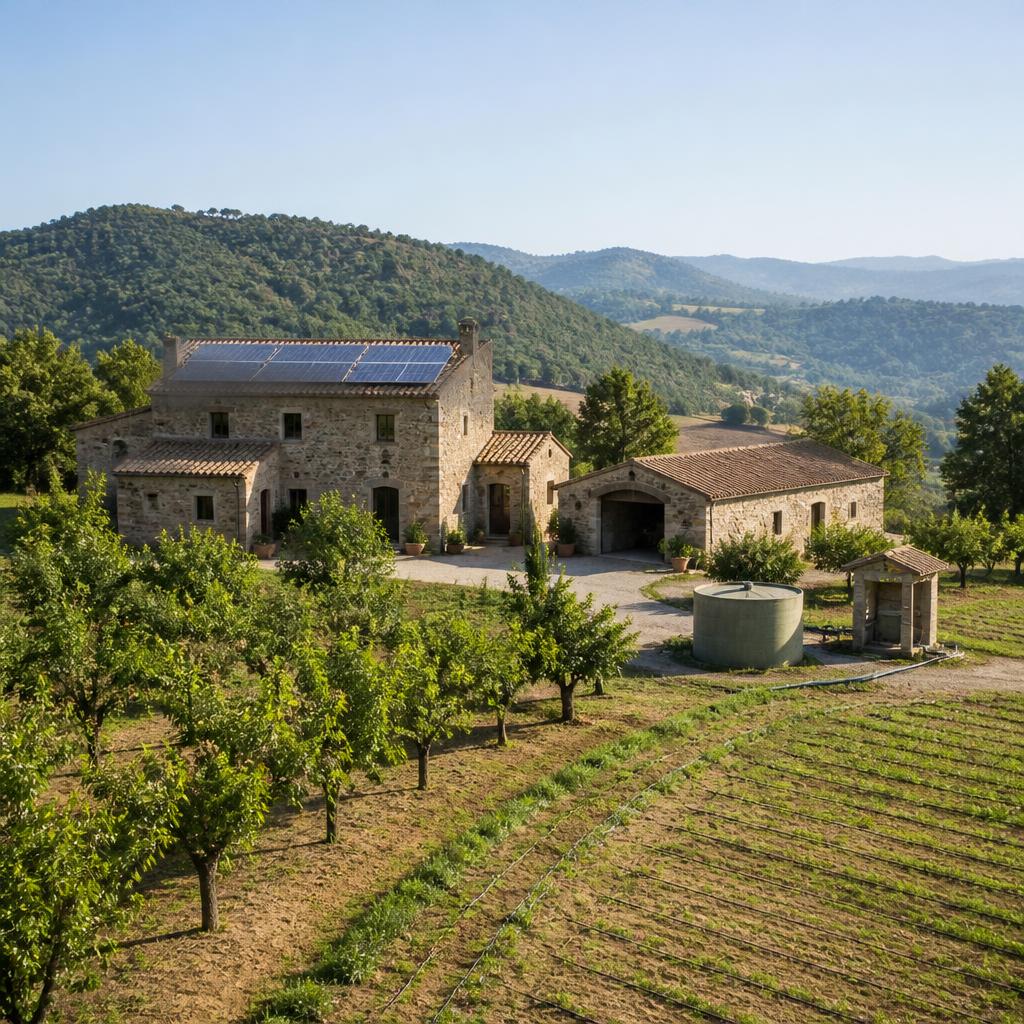 Masía tradicional catalana con paneles solares junto a cultivos y una instalación de agua agrícola