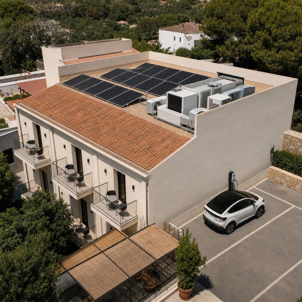 Imagen ilustrativa de un hotel mediterráneo con paneles solares, equipos de climatización y un punto de recarga para vehículos eléctricos