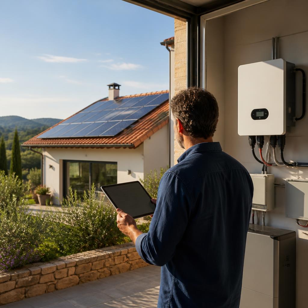 Una persona consulta una tableta junto al inversor de una casa con paneles solares