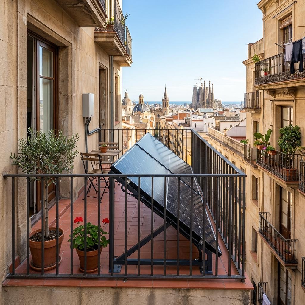 Ilustración de una terraza de un piso mediterráneo con paneles solares fijados a una estructura metálica dentro de la barandilla
