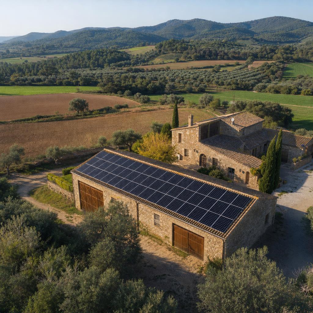 Paneles solares en la cubierta de una nave agrícola junto a una masía y campos de cultivo