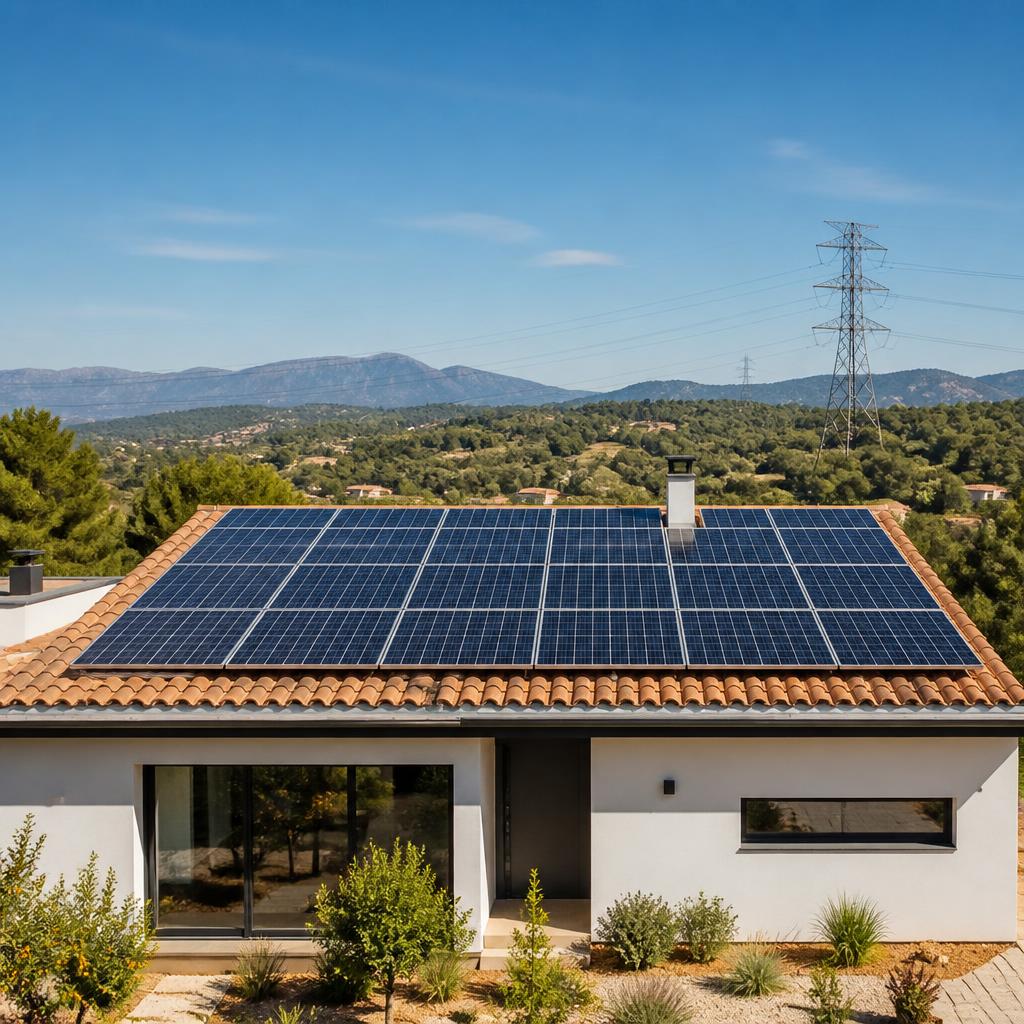 Tejado de una vivienda con paneles solares y una torre de la red eléctrica al fondo