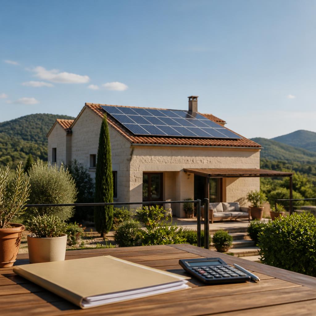 Vivienda mediterránea con paneles solares y una mesa con documentación y calculadora para planificar los incentivos de la instalación