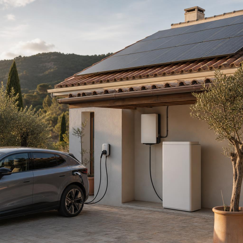Vivienda mediterránea con paneles solares, batería doméstica y un coche eléctrico conectado a un cargador