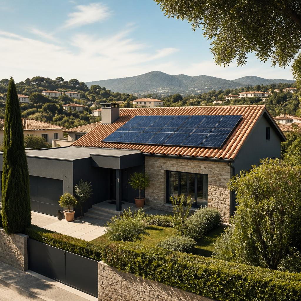 Vivienda mediterránea de piedra y tejas con paneles solares en el tejado y un jardín arbolado