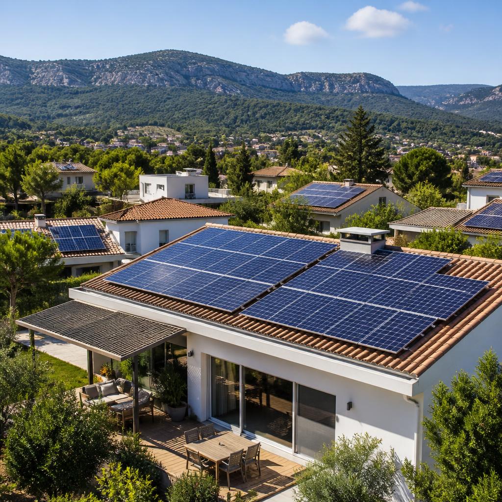 Viviendas con paneles solares en sus tejados, rodeadas de árboles y montañas